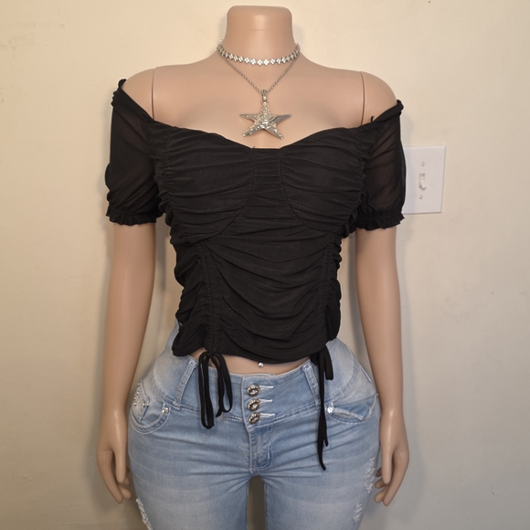 ☆Black Ruched Off-Shoulder Drawstring Crop Top☆ - Picture 1 of 4